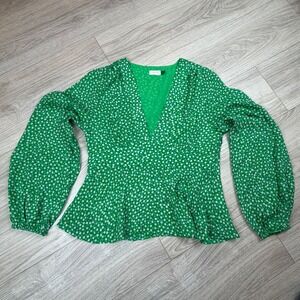 RIXO London Kikki Retro Micro Floral Green Peplum V Neck Long Sleeve Blouse Sz M